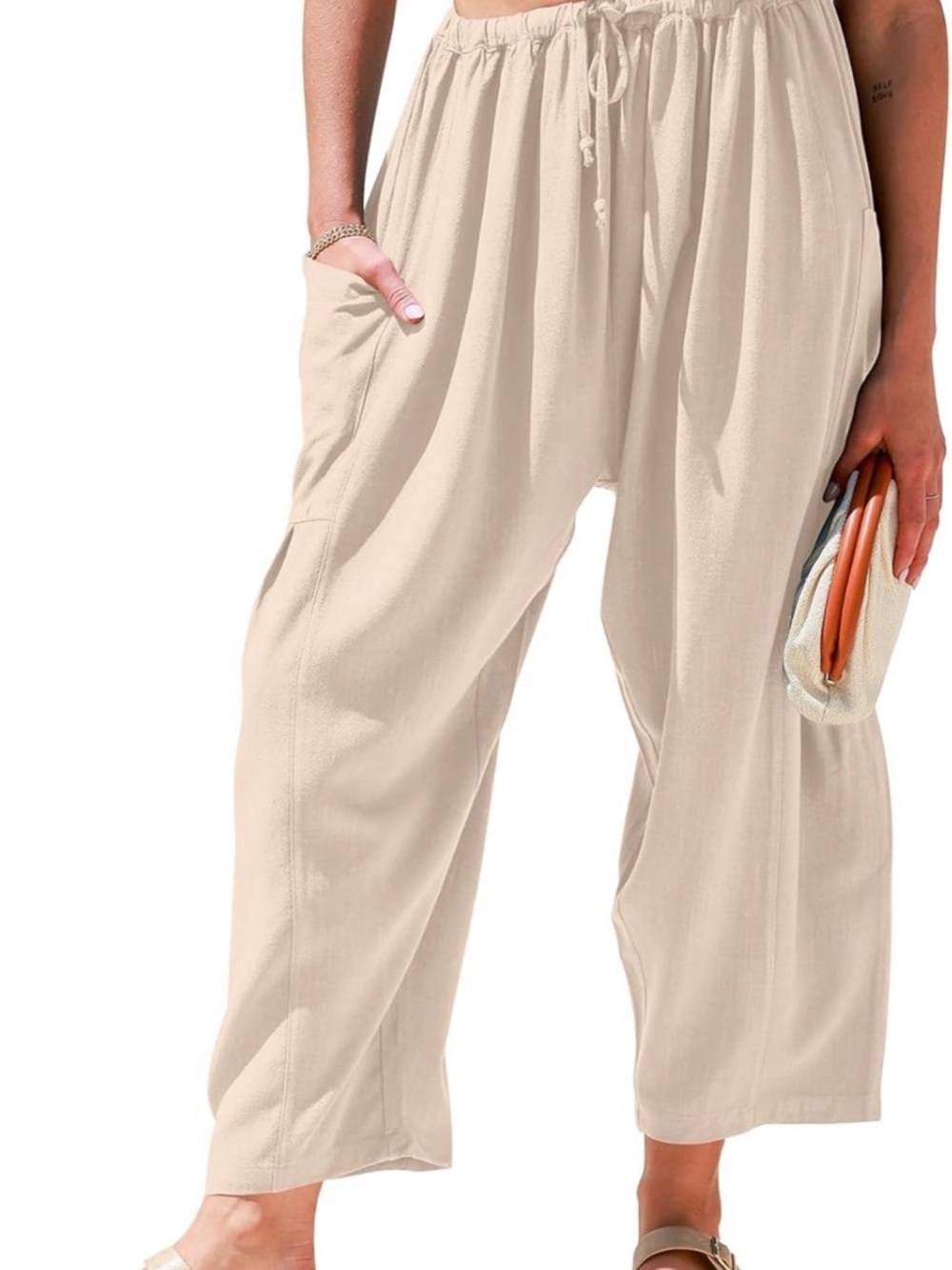 Lightweight Linen Cream Haram Wide Leg Drawstring Pants
